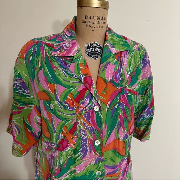 Vintage Starington Abstract Tropical Print Women's Silk Blouse Size 12 - Picture 1 of 6